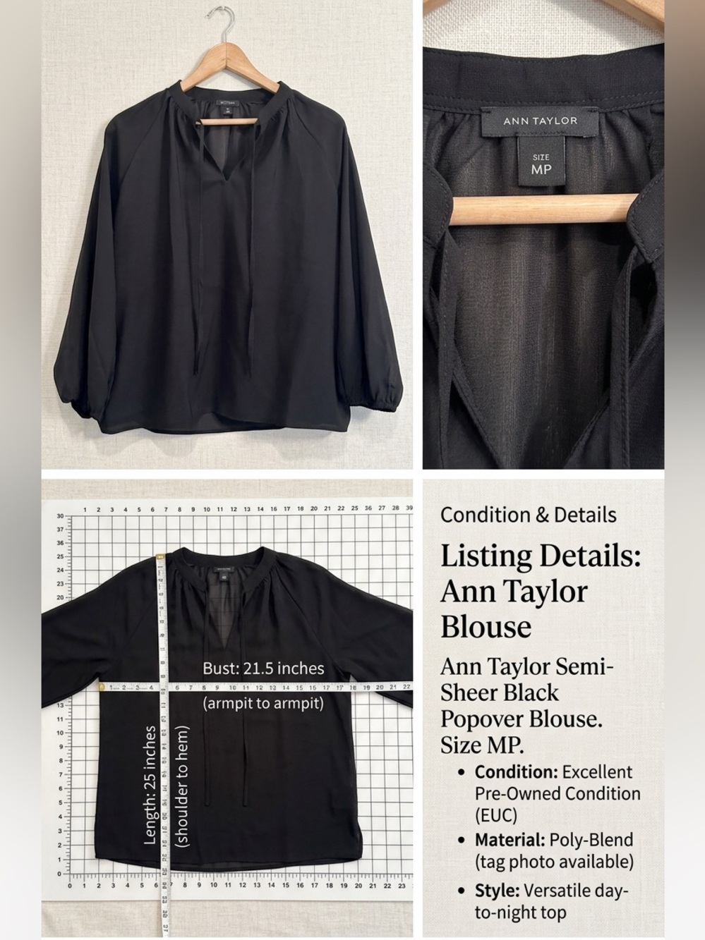 Ann Taylor Semi-Sheer Black Popover Blouse. MP.